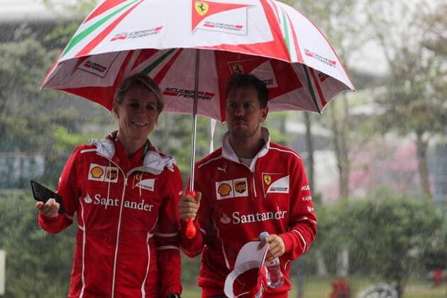 Chinese Grand Prix, Shanghai 06 - 09 April 2017 06.04.2017 - press conference PK Pressekonferenz Britta Roeske (AUT) Ferrari Press Officer and Sebastian Vettel (GER) Scuderia Ferrari SF70H 