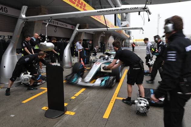 Finnish F1 driver Valtteri Bottas of Mercedes steers his car as he leaves the pit during a practice session for the 2017 Formula 1 Chinese Grand Prix at the Shanghai International Circuit in Shanghai, China, 7 April 2017. F1 drivers in full swing for Chinese Grand Prix in practice session  20170407_05907