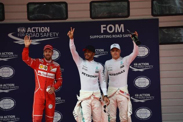 Lewis Hamilton (GB 44), Mercedes AMG Petronas Motorsport, Valtteri Bottas (FIN 77), Mercedes AMG Petronas Motorsport, Sebastian Vettel (GER 5), Scuderia Ferrari, Grosser Preis von China 2017, Qualifying, Motorsport, Formel 1,08.04.2017, Shanghai Copyright: xAndre Eibner-Pressefotox EP_JAE