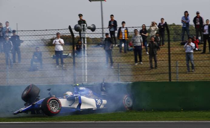 Shanghai: Motorsports: FIA Formula One World Championship WM Weltmeisterschaft 2017 36 Antonio Giovinazzi (ITA, Sauber F1 Team) had an accident Chinese Formula One Grand Prix Shanghai Circuit on April 08, 2017 in Shanghai, China. (Photo by Hoch Zwei) Shanghai China xHZx