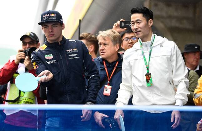 Retired Chinese Table tennis Tischtennis player Wang Liqin, right, instructs Dutch F1 driver Max Verstappen of Red Bull Racing ahead of the 2017 Formula One Chinese Grand Prix at the Shanghai International Circuit in Shanghai, China, 9 April 2017. F1 drivers shows off table tennis skills in Shanghai  pbu604570_03