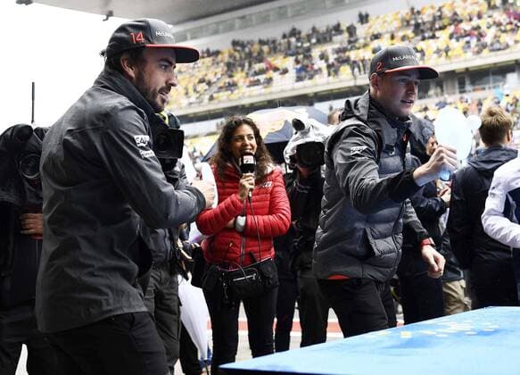 Spanish F1 driver Fernando Alonso, left, and Belgian F1 driver Stoffel Vandoorne of McLaren play Table tennis Tischtennis ahead of the 2017 Formula One Chinese Grand Prix at the Shanghai International Circuit in Shanghai, China, 9 April 2017. F1 drivers shows off table tennis skills in Shanghai  pbu604570_07