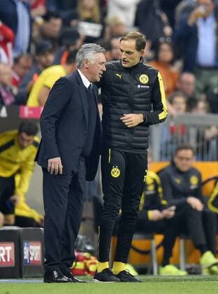 08.04.2017, Fussball 1.Bundesliga 2016 2017, 28.Spieltag, FC Bayern München gegen Borussia Dortmund, in der Allianz-Arena München. v.l. Trainer Carlo Ancelotti (FC Bayern München) und Trainer Thomas Tuchel (Dortmund) . 