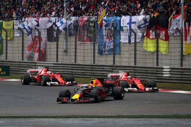 Chinese Grand Prix, Shanghai 06 - 09 April 2017 09.04.2017 - Race, Max Verstappen (NED) Red Bull Racing RB13 leads Kimi Raikkonen (FIN) Scuderia Ferrari SF70H and Sebastian Vettel (GER) Scuderia Ferrari SF70H 