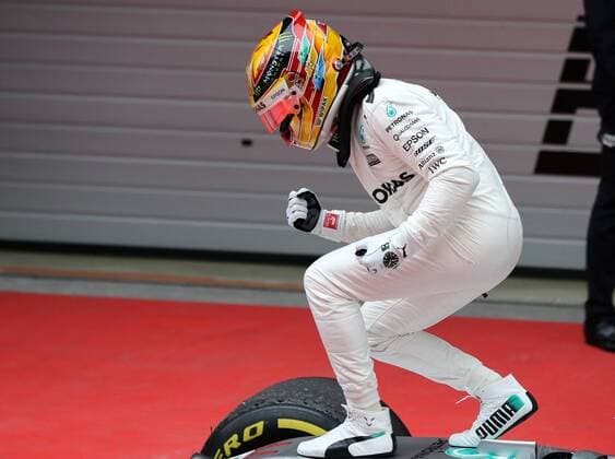 British F1 driver Lewis Hamilton of Mercedes celebrates after winning the Formula One Chinese Grand Prix at the Shanghai International Circuit in Shanghai, China, 9 April 2017. Lewis Hamilton wins 2017 Formula 1 Chinese Grand Prix  pbu604643_04