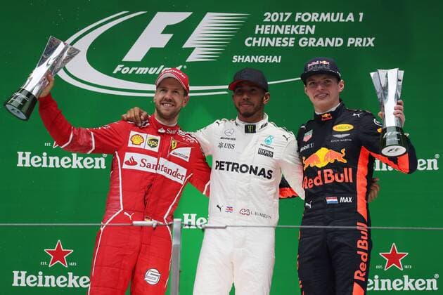 Chinese Grand Prix, Shanghai 06 - 09 April 2017 09.04.2017 - Race, 1st place Lewis Hamilton (GBR) Mercedes AMG F1 W08, 2nd place Sebastian Vettel (GER) Scuderia Ferrari SF70H and 3rd place Max Verstappen (NED) Red Bull Racing RB13 