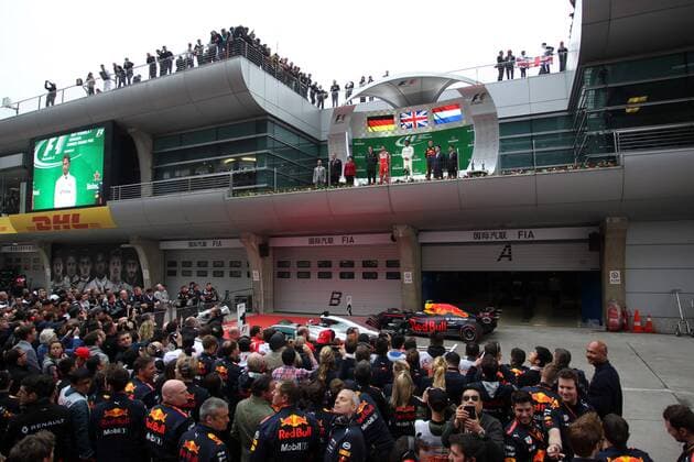 Chinese Grand Prix, Shanghai 06 - 09 April 2017 09.04.2017 - Race, 1st place Lewis Hamilton (GBR) Mercedes AMG F1 W08, 2nd place Sebastian Vettel (GER) Scuderia Ferrari SF70H and 3rd place Max Verstappen (NED) Red Bull Racing RB13 
