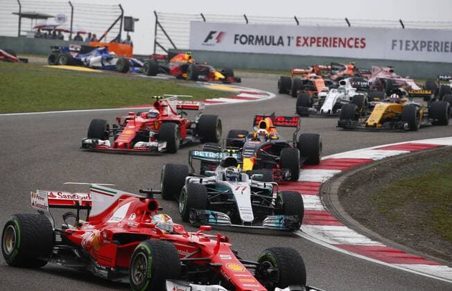 Shanghai: Motorsports: FIA Formula One World Championship WM Weltmeisterschaft 2017 77 Valtteri Bottas (FIN, Mercedes AMG Petronas) 5 Sebastian Vettel (GER, Scuderia Ferrari) Start Chinese Formula One Grand Prix Shanghai Circuit on April 08, 2017 in Shanghai, China. (Photo by Hoch Zwei) Shanghai China xHZx