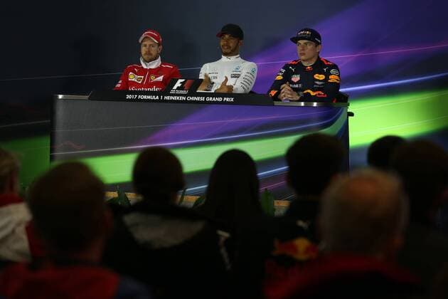Chinese Grand Prix, Shanghai 06 - 09 April 2017 09.04.2017 - Race, press conference PK Pressekonferenz Sebastian Vettel (GER) Scuderia Ferrari SF70H, Lewis Hamilton (GBR) Mercedes AMG F1 W08 and Max Verstappen (NED) Red Bull Racing RB13 