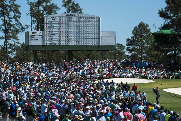Justin Rose hits off of the 3rd tee box during the fourth round of the 2017 Masters Tournament at Augusta National Golf Club in Augusta, Georgia on April 9, 2017.  AUG20170409301 KEVINxDIETSCH