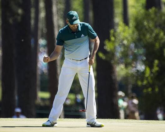 Sergio Garcia celebrates after making a putt for birdie on the 3rd green during the fourth round of the 2017 Masters Tournament at Augusta National Golf Club in Augusta, Georgia on April 9, 2017.  AUG20170409308 KEVINxDIETSCH