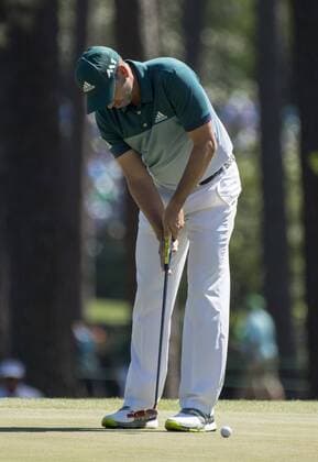 Sergio Garcia putts for birdie on the 3rd green during the fourth round of the 2017 Masters Tournament at Augusta National Golf Club in Augusta, Georgia on April 9, 2017.  AUG20170409309 KEVINxDIETSCH