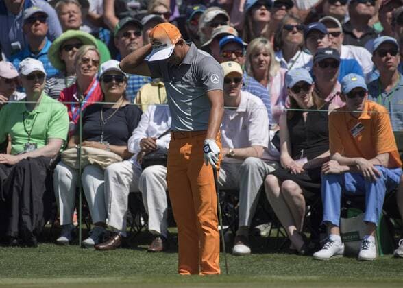 Ricky Fowler reacts to a hit on the second green during the fourth round of the 2017 Masters Tournament at Augusta National Golf Club in Augusta, Georgia on April 9, 2017.  AUG20170409318 KEVINxDIETSCH