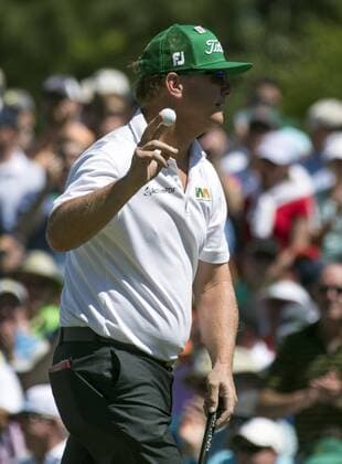 Charlie Hoffman reacts to a birdie shot on the second green during the fourth round of the 2017 Masters Tournament at Augusta National Golf Club in Augusta, Georgia on April 9, 2017.  AUG20170409319 KEVINxDIETSCH