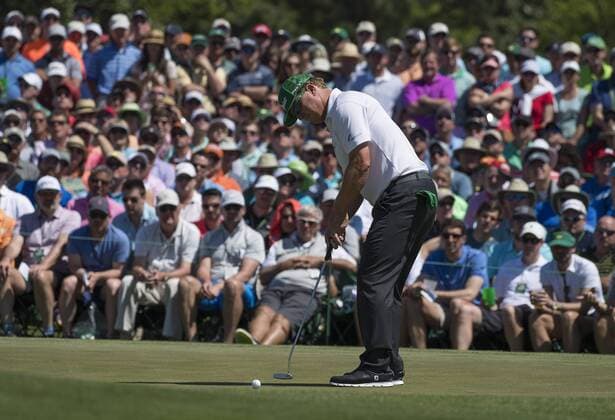 Charlie Hoffman putts for birdie on the second green during the fourth round of the 2017 Masters Tournament at Augusta National Golf Club in Augusta, Georgia on April 9, 2017.  AUG20170409320 KEVINxDIETSCH