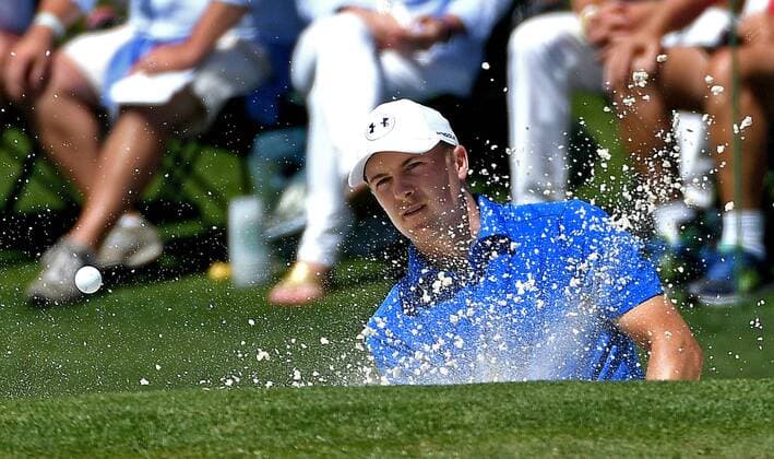 April 9, 2017 - Augusta, GA, USA - Jordan Spieth hits from a sand bunker at the second green during the final round of the Masters Tournament on Sunday, April 9, 2017 at Augusta National Golf Club in Augusta, Ga. 2017 Masters Round 4 - ZUMAm67_ 20170409_zaf_m67_034 Copyright: xJeffxSinerx