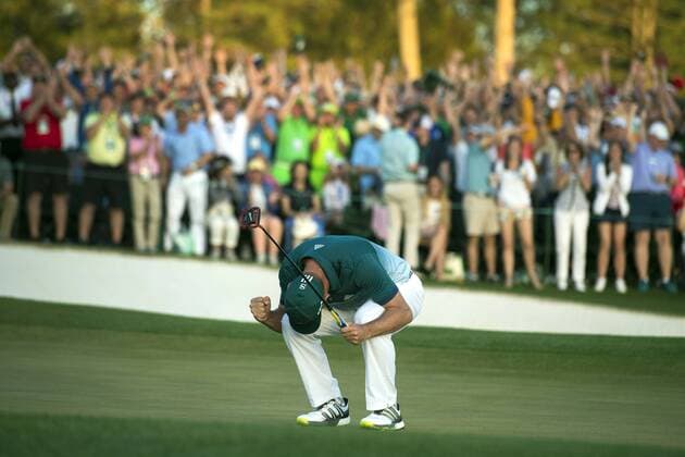 Sergio Garcia celebrates as he wins the 2017 Masters Tournament at Augusta National Golf Club in Augusta, Georgia on April 9, 2017. Garcia beat out Justin Rose in a one hole playoff round.  AUG20170409323 KEVINxDIETSCH