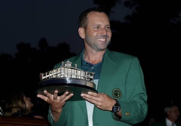 Sergio Garcia of Spain holds the Masters Trophy and wears his Green Jacket after Garcia wins the 2017 Masters Tournament at Augusta National Golf Club in Augusta, Georgia on April 9, 2017. Garcia defeated Justin Rose of England in a one hole playoff to win his first major championship.  AUG20170409610 JOHNxANGELILLO