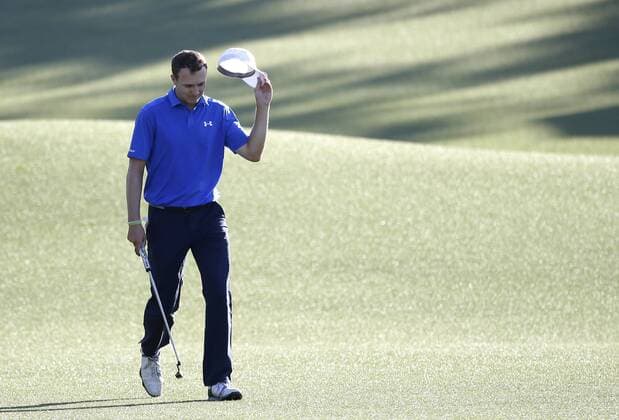 Jordan Spieth walks to the 18th green in the final round of the 2017 Masters Tournament at Augusta National Golf Club in Augusta, Georgia on April 9, 2017. Sergio Garcia of Spain defeated Justin Rose of England in a one hole playoff to win his first major championship.  AUG20170409630 JOHNxANGELILLO