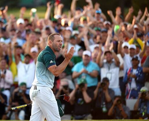 April 9, 2017 - Augusta, GA, USA - Sergio Garcia blows kisses to the fans as he celebrates defeating Justin Rose in a one-hole playoff on the 18th green on Sunday, April 9, 2017 at Augusta National Golf Club in Augusta, Ga. Masters 2017 Round 4 - ZUMAm67_ 20170409_zaf_m67_224 Copyright: xJeffxSinerx