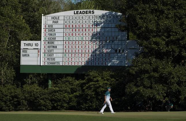 Bilder des Tages - SPORT Sergio Garcia walks under the scoreboard on the 11th green during the final round of the 2017 Masters Tournament at Augusta National Golf Club in Augusta, Georgia on April 9, 2017. Garcia won the 2017 Masters.  AUG20170409350 KEVINxDIETSCH