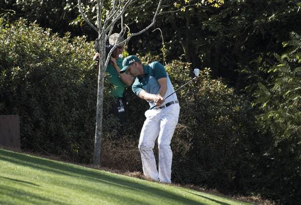 Sergio Garcia hits from the rough on the 10th hole during the final round of the 2017 Masters Tournament at Augusta National Golf Club in Augusta, Georgia on April 9, 2017. Garcia won the 2017 Masters.  AUG20170409351 KEVINxDIETSCH
