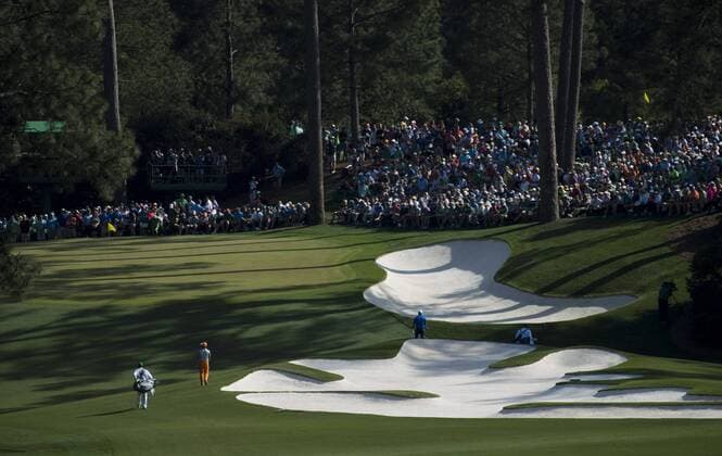 Ricky Fowler walks on the 10th fairway during the final round of the 2017 Masters Tournament at Augusta National Golf Club in Augusta, Georgia on April 9, 2017. Garcia won the 2017 Masters.  AUG20170409352 KEVINxDIETSCH
