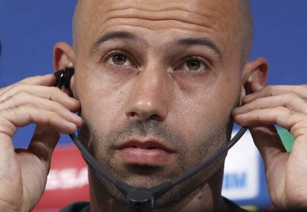 Italy:Champions League- Barcelona press conference PK Pressekonferenz Barcelona Javier Mascherano attends a press conference ahead of the Champions League quarter finals first league soccer match against Juventus.  IsabellaxBonottox xPacificxPress