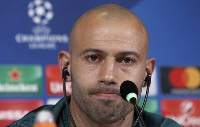 Italy:Champions League- Barcelona press conference PK Pressekonferenz Barcelona Javier Mascherano attends a press conference ahead of the Champions League quarter finals first league soccer match against Juventus.  IsabellaxBonottox xPacificxPress