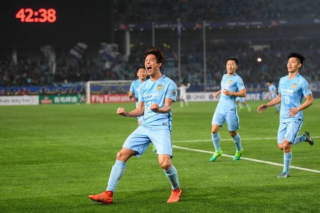 Hong Jeong-ho of China s Jiangsu Suning celebrates after scoring a goal against Japan s Gamba Osaka in their Group H match during the AFC Champions League 2017 in Nanjing city, east China s Jiangsu province, 11 April 2017. Jiangsu Suning competes against Gamba Osaka at AFC Champions League group match  20170411_60735