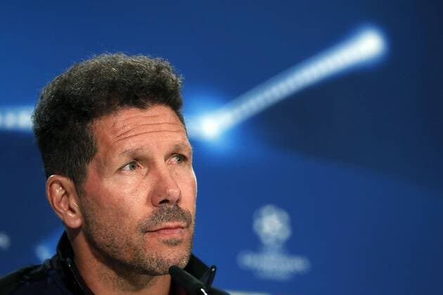 Atletico Madrid s Argentinian head coach Diego Simeone during the press conference PK Pressekonferenz held in Madrid, Spain, 11 April of 2017. Leicester City will face Atletico Madrid in the UEFA Champions League quarter final, first leg, soccer match on 12 April. ATLETICO MADRID S PRESS CONFERENCE !ACHTUNG: NUR REDAKTIONELLE NUTZUNG!  Copyright: xChemaxMoyax 20170411-636275389844095090