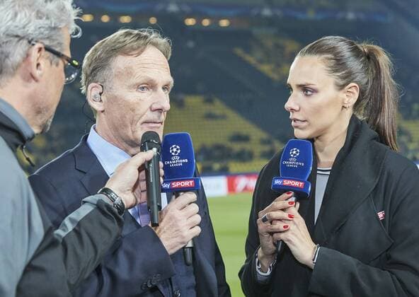 Anschlag auf BVB Bus Hans-Joachim Watzke, Geschaeftsfuehrer und BVB-Boss , Praesident Reinhard Rauball, BVB und DFL Ligapraesident, im Interview mit Esther Sedlaczek, Sky Moderatorin BORUSSIA DORTMUND - AS MONACO Fussball UEFA Champions League, Viertelfinale in Dortmund, 11.04.2017 CL Saison 2016 2017, BVB