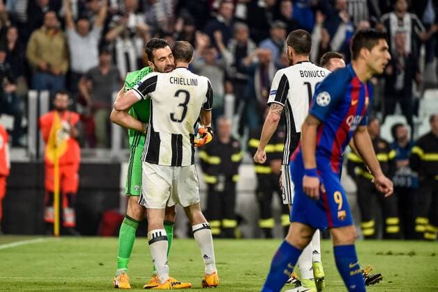Gianluigi Buffon of Juventus and Giorgio Chiellini of Juventus celebrate the victory during the UEFA Champions League quarter final match between Juventus and Barcelona at the Juventus Stadium, Turin, Italy on 11 April 2017. Copyright: xGiuseppexMaffiax 14920136