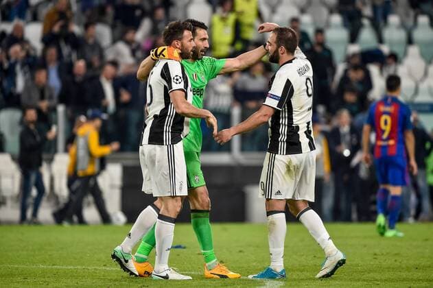 Gianluigi Buffon of Juventus, Gonzalo Higua’n of Juventus and Andrea Barzagli of Juventus celebrate victory during the UEFA Champions League quarter final match between Juventus and Barcelona at the Juventus Stadium, Turin, Italy on 11 April 2017. Copyright: xGiuseppexMaffiax 14920140