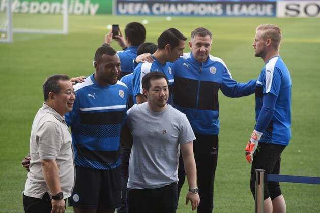 Spain: Leicester City training session Thai businessmen Vichai Srivaddhanarabba (left) and Aiyawatt Srivaddhanaprabha poses for a pictured during a training session ahead of Champions League match between Atlético Madrid and Leicester City in Madrid.  JorgexSanz PacificxPress
