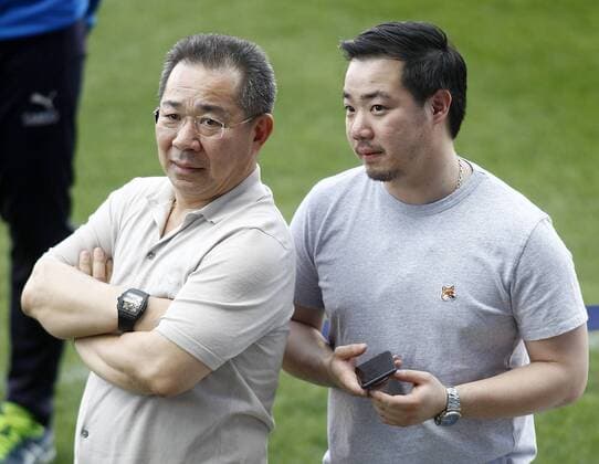 Leicester City FC s Chairman Vichai Srivaddhanaprabha (l) and his son and Vice Chairman Aiyawatt Srivaddhanaprabha during training session. April 11, 2017.  (20170411161)