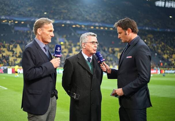 12.04.2017, Fussball Champions-League 2016 2017, Viertelfinale, Borussia Dortmund - AS Monaco, im Signal-Iduna-Park Dortmund. v.l. Geschäftsführer Hans-Joachim Watzke (Dortmund) , Bundesinnenminister Thomas de Maizire , Moderator Thomas Wagner 