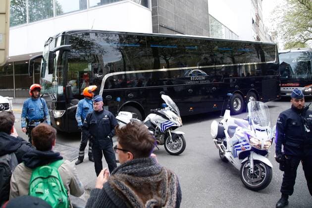 Illustration picture shows police at the arrival of UK team Manchester United ManU at their hotel, on Wednesday 12 April 2017, in Brussels. Tomorrow Belgian soccer team RSC Anderlecht is playing against Manchester United in the Europa League competition. BRUNOxFAHY  x05080699x