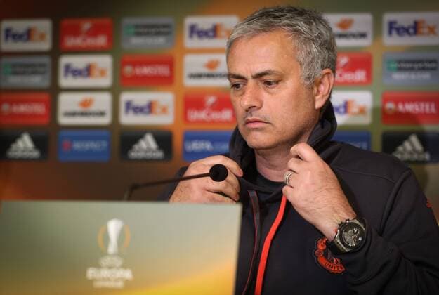 Manchester s head coach Jose Mourinho pictured during a press conference PK Pressekonferenz of UK team Manchester United ManU in Anderlecht, Wednesday 12 April 2017. Tomorrow Belgian soccer team RSC Anderlecht is playing against Manchester United in the Europa League competition. VIRGINIExLEFOUR  x05080722x