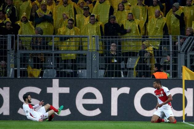 Bernardo Silva ( AS Monaco 10 ) Kylian Mbappe Lottion ( AS Monaco 29 ) nach dem 0:1, Borussia Dortmund vs AS Monaco, UEFA Champions League, Viertelfinale, Nachholspiel Fussball, 12.04.2017, Dortmund Copyright: xLangerx xEibner-Pressefotox EP_HLR