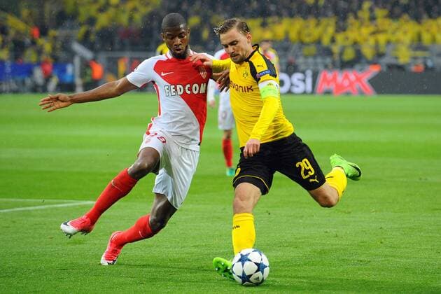 Dortmund, Germany 12.03.2017, UEFA Champions League - 2016 17 Season, BV Borussia Dortmund - AS Monaco, im Zweikampf von links: Almamy TourŽ Toure ( Monaco ), Marcel Schmelzer ( Dortmund ) ( DeFodi521