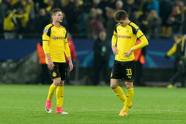 Dortmund, Germany 12.03.2017, UEFA Champions League - 2016 17 Season, BV Borussia Dortmund - AS Monaco, Lukasz Piszczek (BVB) und Julian Weigl (BVB) nach der 2:3 niederlage ( DeFodi001