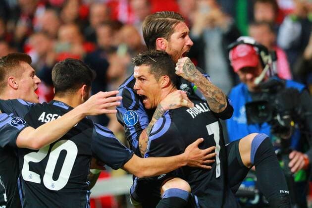 Christiano Ronaldo, Sergio Ramos, Marco Asensio, Toni Kroos (Real) Torjubel Fussball UEFA Champions League FC Bayern München - Real Madrid CF 12.04.2017