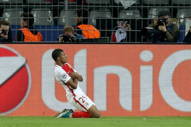 (170413) -- DORTMUND, April 13, 2017 -- Monaco s Kylian Mbappe celebrates scoring during the UEFA Champions League quarter-final first leg match between Borussia Dortmund and AS Monaco in Dortmund, Germany, on April 12, 2017. Borussia Dortmund lost 2-3. ) (SP)GERMANY-DORTMUND-SOCCER-UEFA-DORTMUND VS MONACO JoachimxBywaletz 