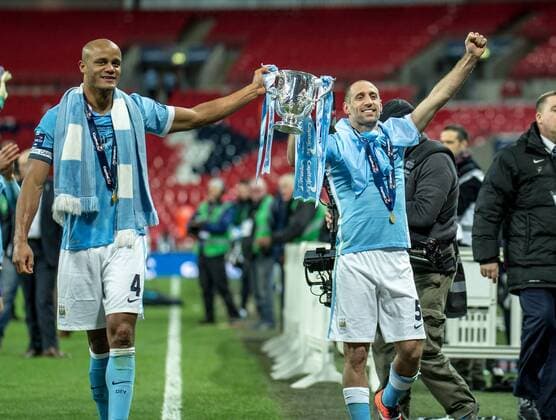 Vincent Kompany of Manchester City and Pablo Zabaleta of Manchester City during the Capital One Cup Final match between Liverpool and Manchester City at Wembley Stadium, London, on the 28th February 2016. Copyright: xLiamxMcAvoyx 08910117
