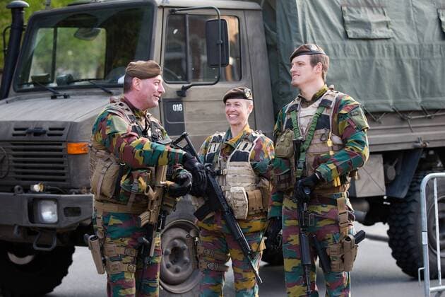 Members of the armed forces stand guard before the Europa League Quarter Final 1st leg match at RSCA Constant Vanden Stock Stadium, Anderlecht, Belgium. Picture date: April 13th, 2017.Pic credit should read: Charlie Forgham-Bailey Sportimage EDITORIAL USE ONLY. No use with unauthorised audio, video, data, fixture lists, club league logos or live services. Online in-match use limited to 120 images, no video emulation. No use in betting, games or single club league player publications.