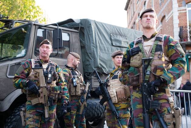 Members of the armed forces stand guard before the Europa League Quarter Final 1st leg match at RSCA Constant Vanden Stock Stadium, Anderlecht, Belgium. Picture date: April 13th, 2017.Pic credit should read: Charlie Forgham-Bailey Sportimage EDITORIAL USE ONLY. No use with unauthorised audio, video, data, fixture lists, club league logos or live services. Online in-match use limited to 120 images, no video emulation. No use in betting, games or single club league player publications.