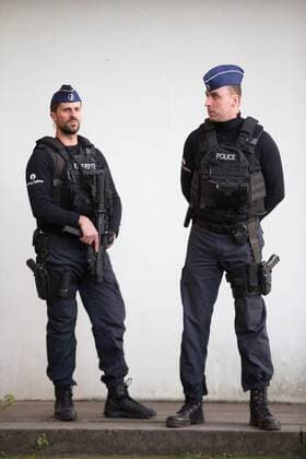 Armed police stand guard before the Europa League Quarter Final 1st leg match at RSCA Constant Vanden Stock Stadium, Anderlecht, Belgium. Picture date: April 13th, 2017.Pic credit should read: Charlie Forgham-Bailey Sportimage EDITORIAL USE ONLY. No use with unauthorised audio, video, data, fixture lists, club league logos or live services. Online in-match use limited to 120 images, no video emulation. No use in betting, games or single club league player publications.