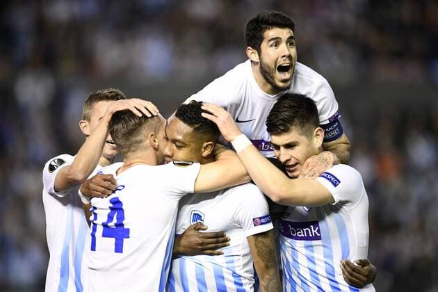 Genk s Jean-Paul Boetius (C) celebrates with his teammates after scoring during a soccer game between Spanish club Real Club Celta de Vigo and Belgian team KRC Genk, Thursday 13 April 2017, in Vigo, Spain, the first leg of the quarter finals of the Europa League competition. YORICKxJANSENS  x05081086x