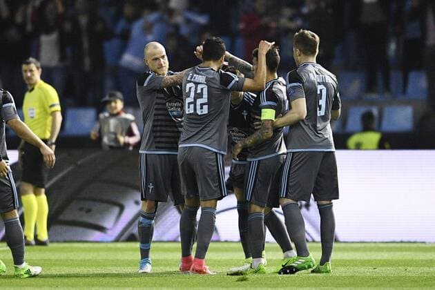 Celta s Iago Aspas celebrates after scoring during a soccer game between Spanish club Real Club Celta de Vigo and Belgian team KRC Genk, Thursday 13 April 2017, in Vigo, Spain, the first leg of the quarter finals of the Europa League competition. YORICKxJANSENS  x05081119x
